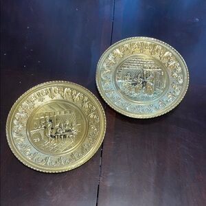 Vintage 1940s embossed brass 12” plate set